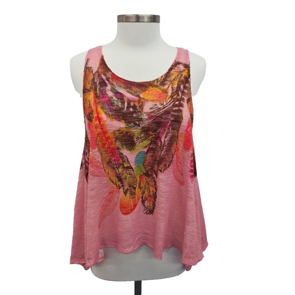 Almost Famous Pink Feather Tank Top Womens Size L Ditsy Asymmetric Hem Summer
